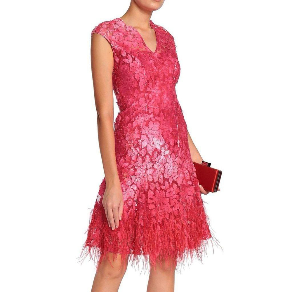 Elie Tahari Pink Feather Embroidered Tulle Midi Dress